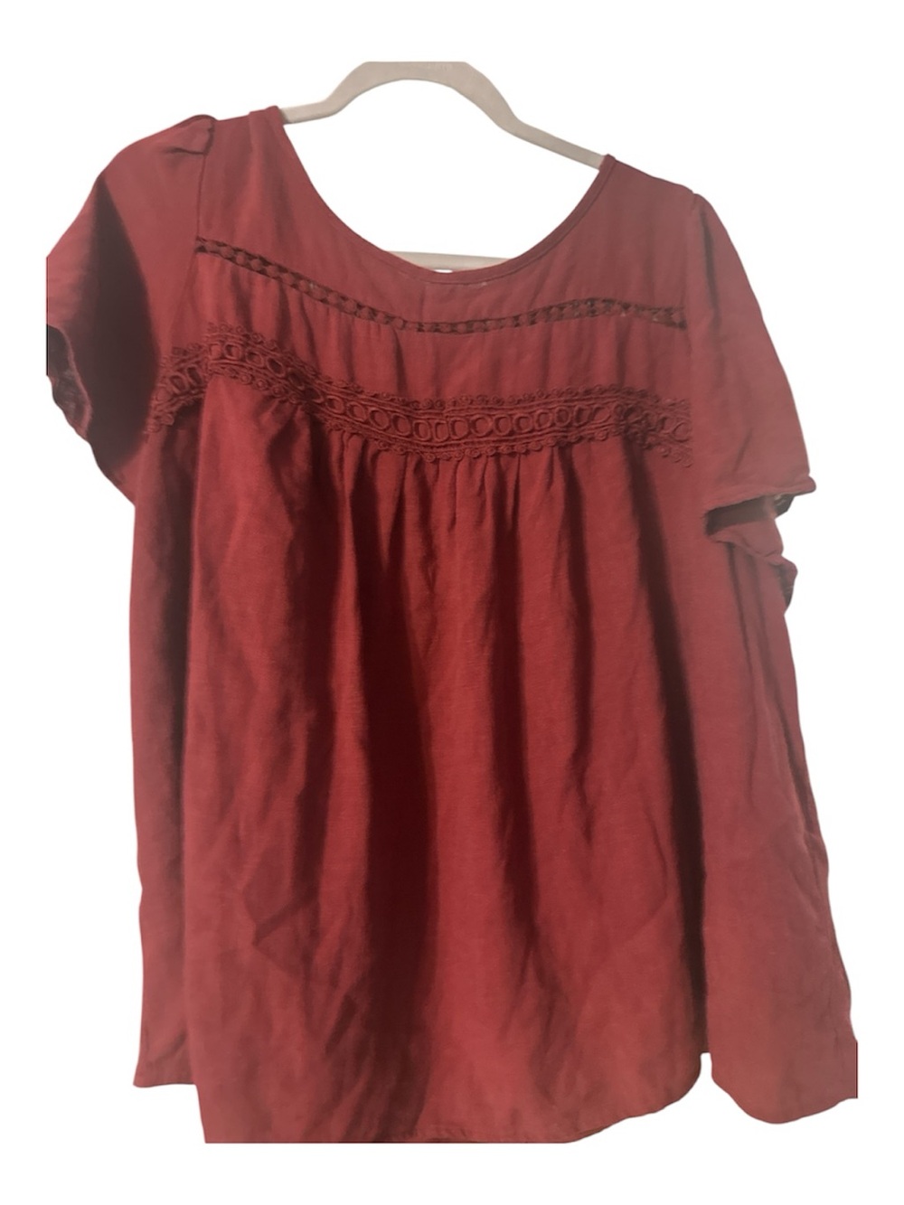 NWOT SHEIN Rust Red Crochet Yoke Short Sleeve Blouse 2x viscose linen